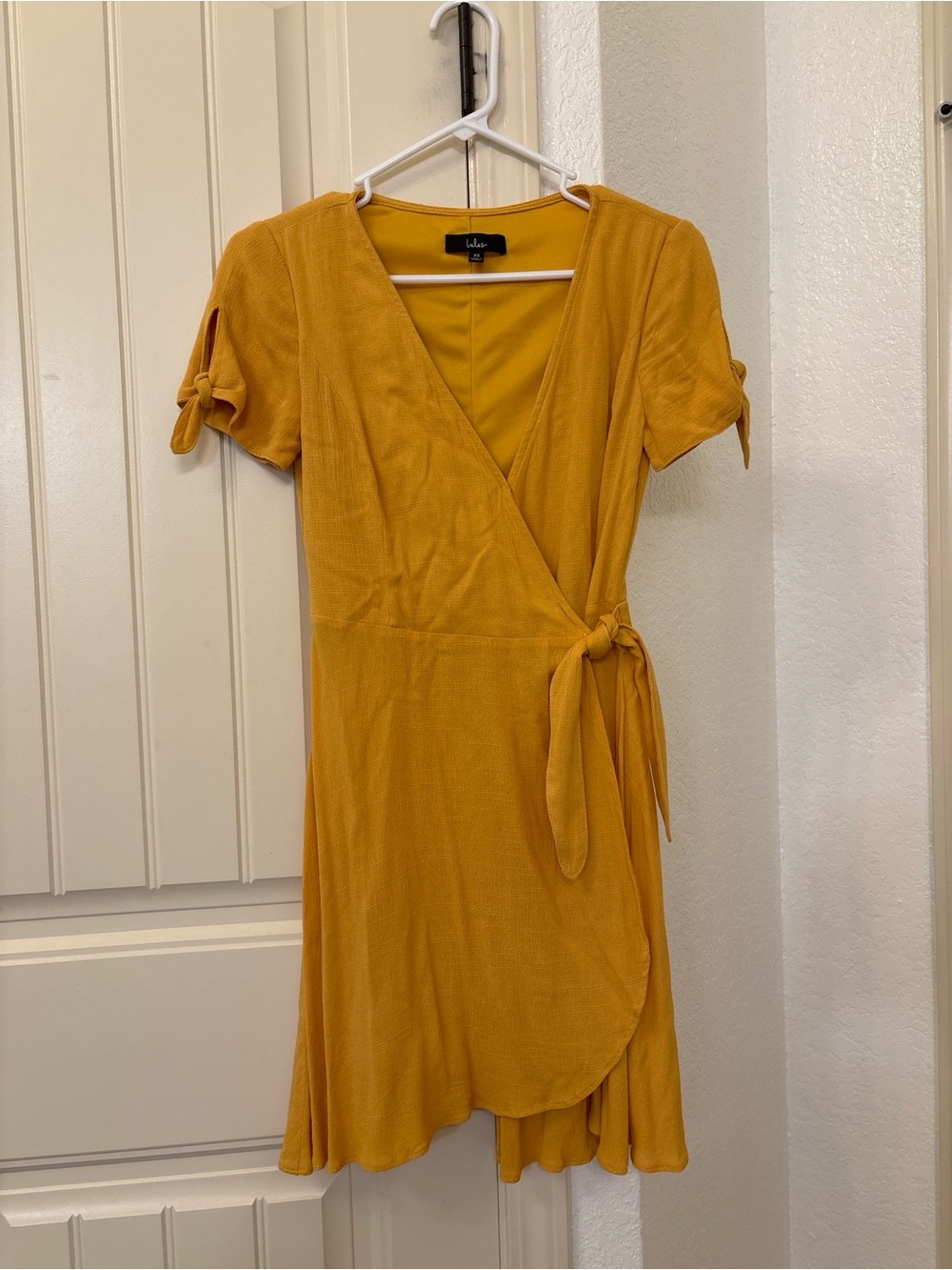 Lulus XS Mustard Yellow Wrap Dress Tie Sleeve Faux Wrap Mini Dress Boho